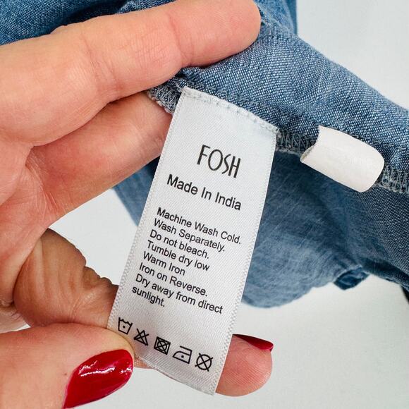 Boutique Fosh Chambray Peplum Blouse Long Bell Sleeve V-Neck Denim Top Size L - Picture 6 of 7